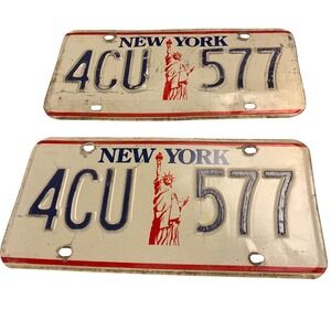 Vintage New York License Plates Pair Statue of Liberty 4CU 577 Blue Red White